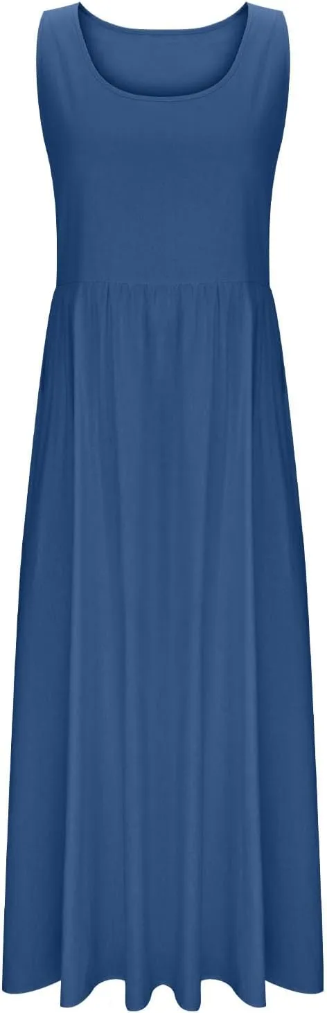 Summer Dresses for Women 2025 Casual Sleeveless Solid Color Sundress Loose Fit Round Neck Vacation Beach Dress