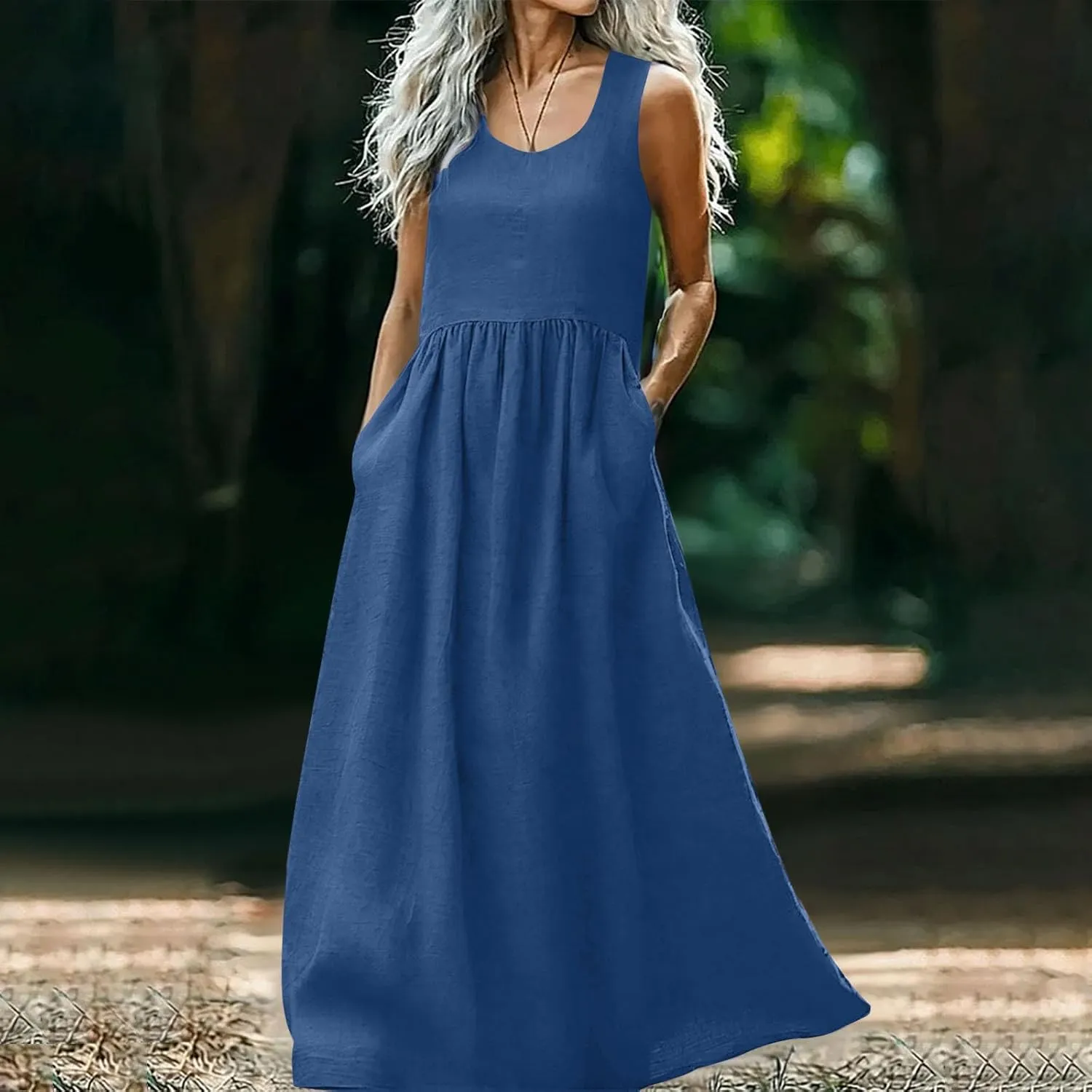 Summer Dresses for Women 2025 Casual Sleeveless Solid Color Sundress Loose Fit Round Neck Vacation Beach Dress
