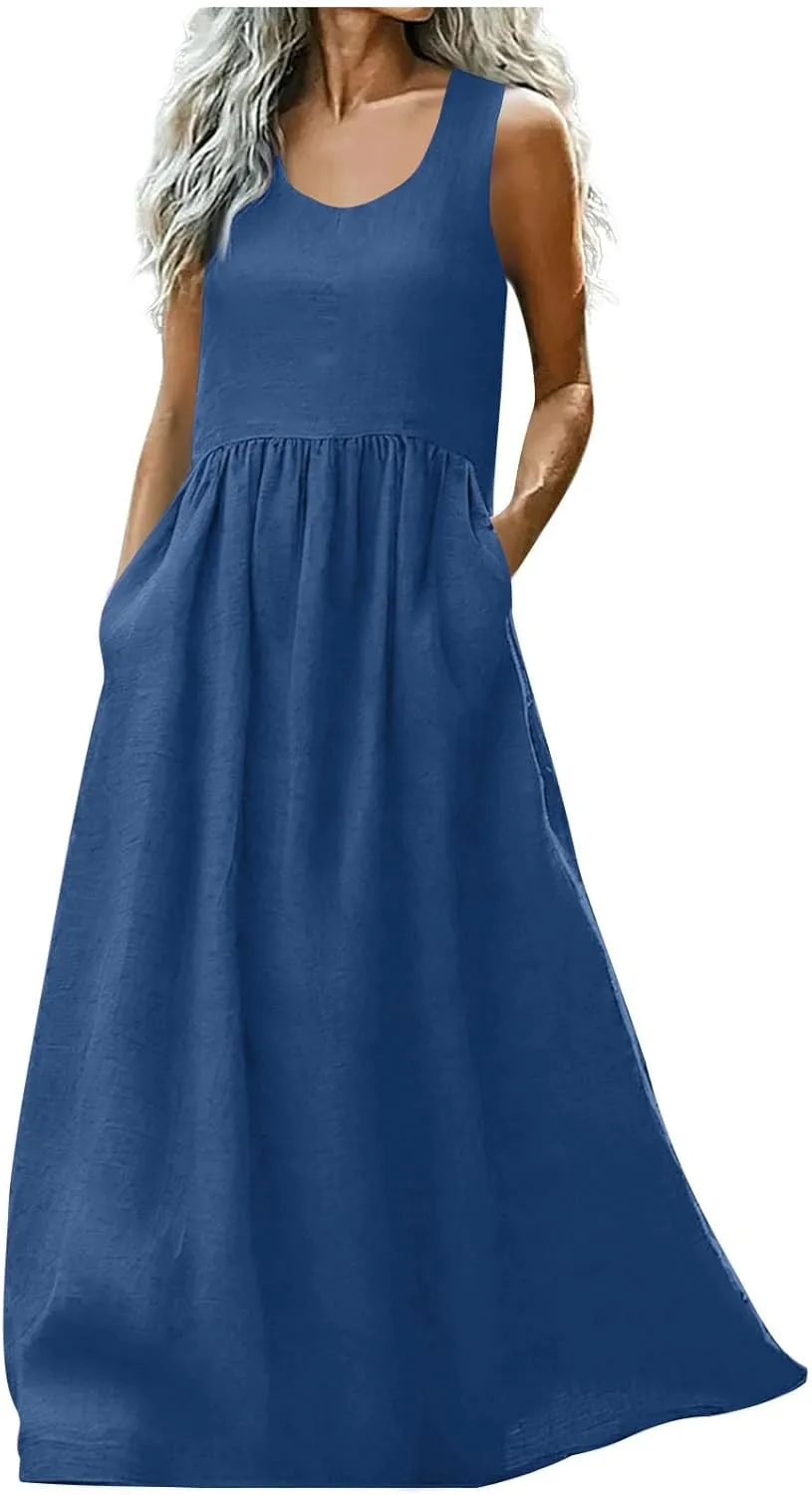 Summer Dresses for Women 2025 Casual Sleeveless Solid Color Sundress Loose Fit Round Neck Vacation Beach Dress