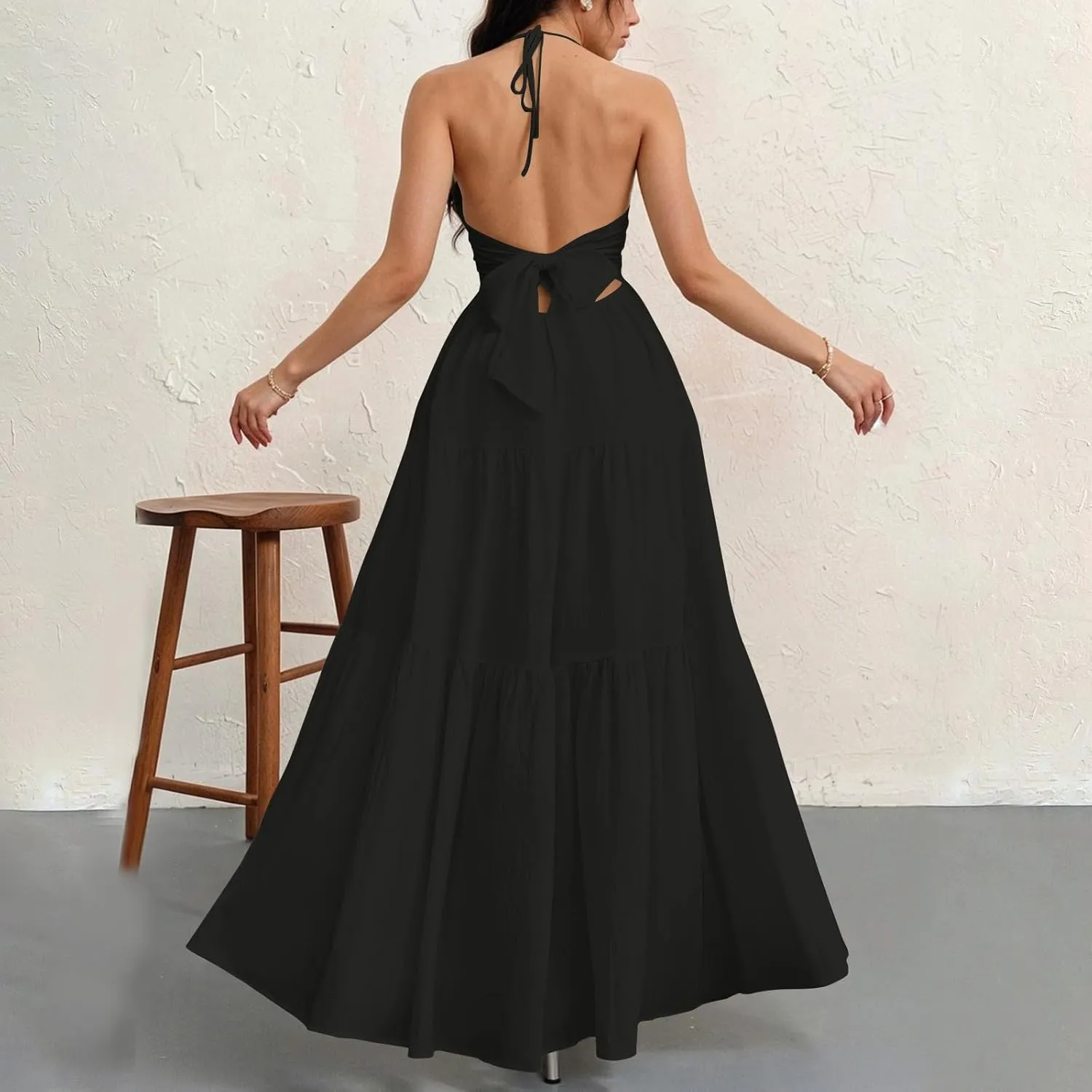 Summer Dresses for Women 2025 Spaghetti Strap Halter V Neck Maxi Dress Bow Tie Backless Ruffle A Line Prom Dress