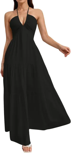Summer Dresses for Women 2025 Spaghetti Strap Halter V Neck Maxi Dress Bow Tie Backless Ruffle A Line Prom Dress