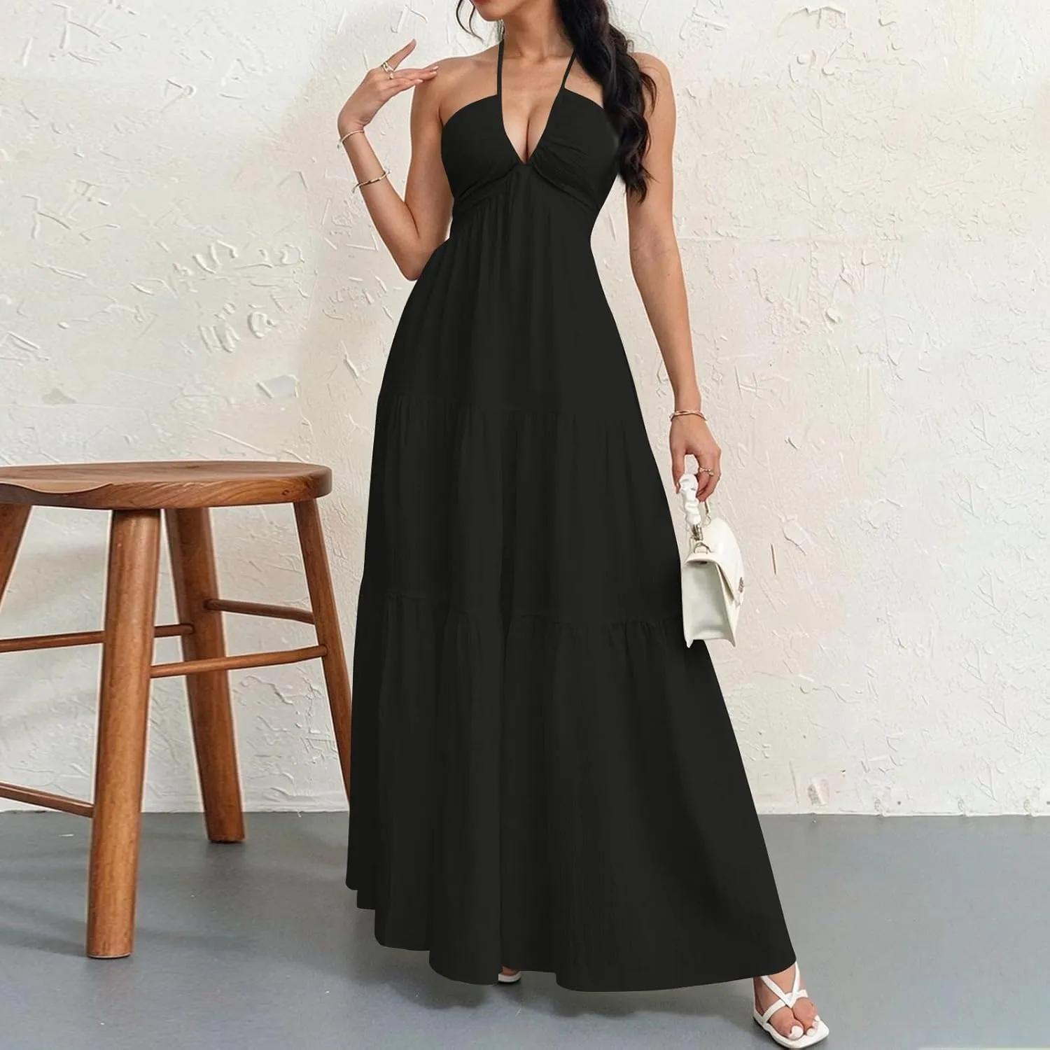 Summer Dresses for Women 2025 Spaghetti Strap Halter V Neck Maxi Dress Bow Tie Backless Ruffle A Line Prom Dress