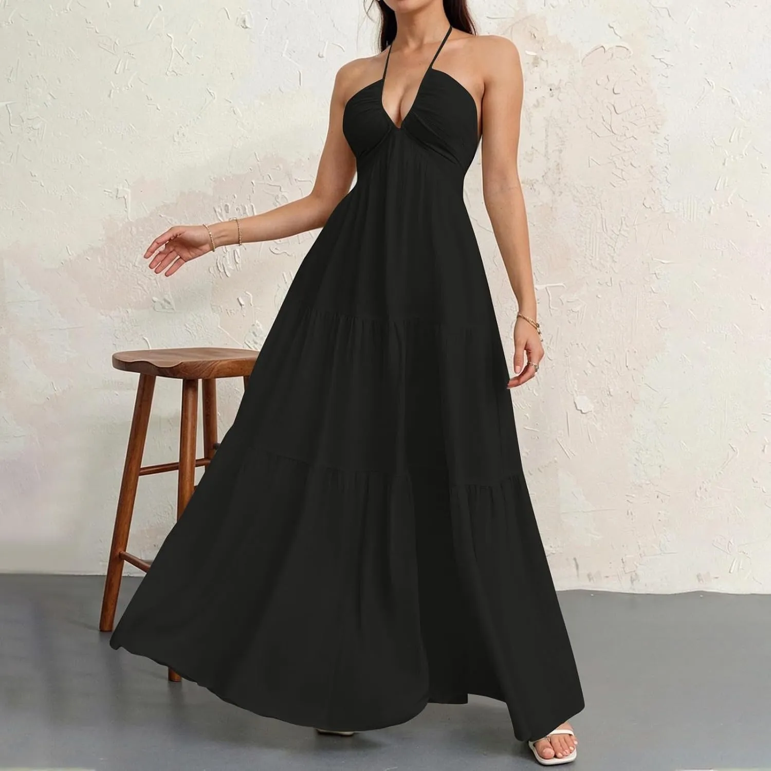 Summer Dresses for Women 2025 Spaghetti Strap Halter V Neck Maxi Dress Bow Tie Backless Ruffle A Line Prom Dress