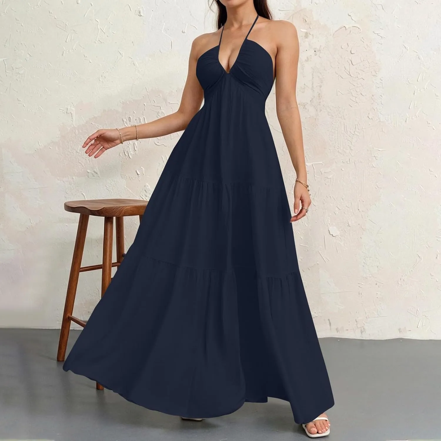 Summer Dresses for Women 2025 Spaghetti Strap Halter V Neck Maxi Dress Bow Tie Backless Ruffle A Line Prom Dress