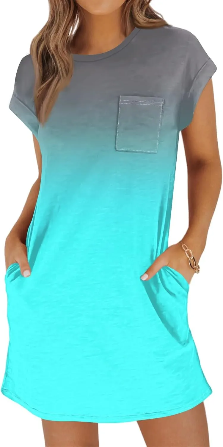 Summer Dresses for Women 2025s Casual Cap Sleeve Crewneck Loose Mini Dresses Casual Gradient Beach T Shirt Dres