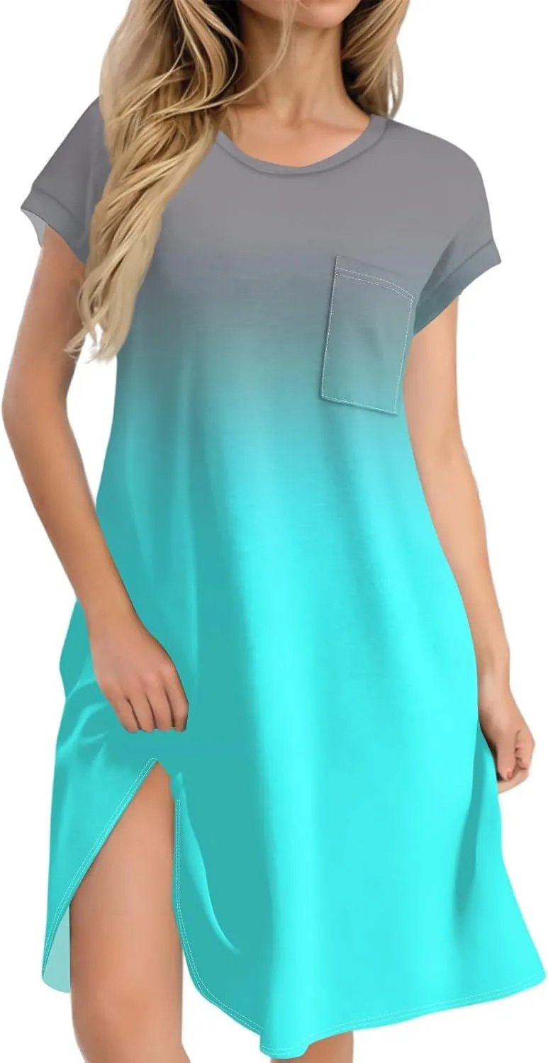 Summer Dresses for Women 2025s Casual Cap Sleeve Crewneck Loose Mini Dresses Casual Gradient Beach T Shirt Dres