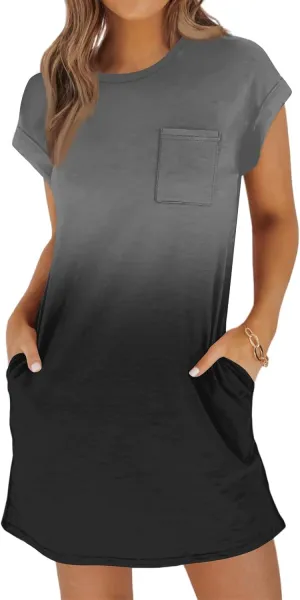 Summer Dresses for Women 2025s Casual Cap Sleeve Crewneck Loose Mini Dresses Casual Gradient Beach T Shirt Dres