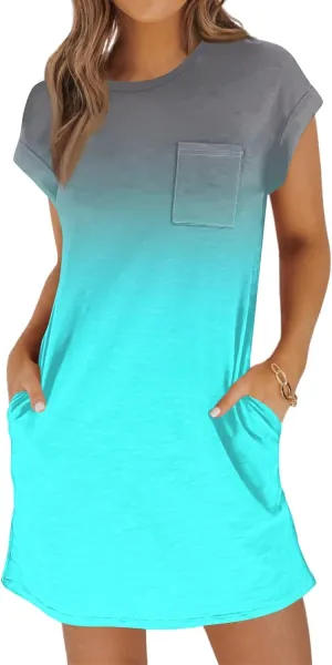 Summer Dresses for Women 2025s Casual Cap Sleeve Crewneck Loose Mini Dresses Casual Gradient Beach T Shirt Dres