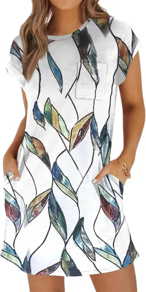 Summer Dresses for Women 2025s Casual Cap Sleeve Crewneck Loose Mini Dresses Casual Retro Beach T Shirt Dres