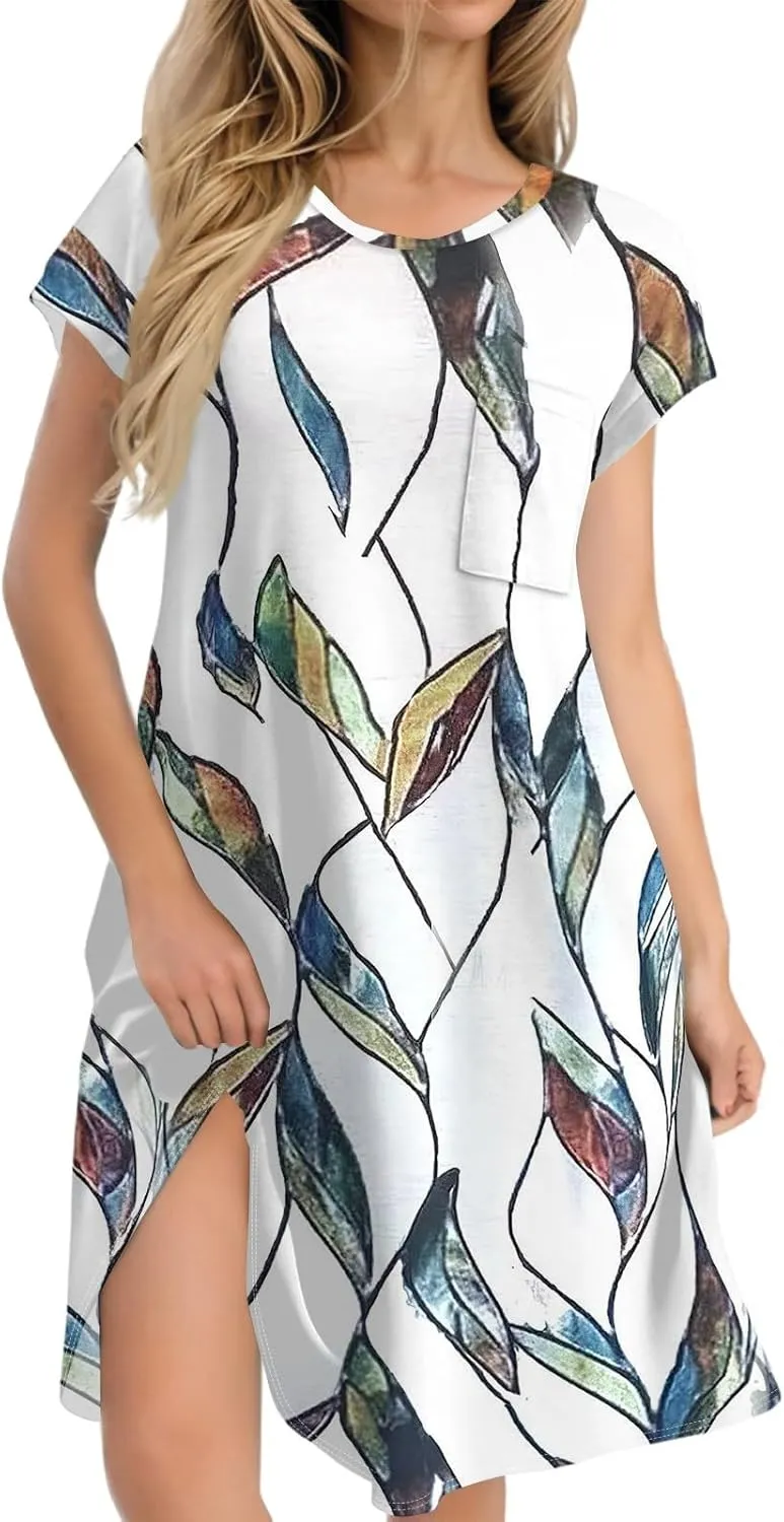 Summer Dresses for Women 2025s Casual Cap Sleeve Crewneck Loose Mini Dresses Casual Retro Beach T Shirt Dres
