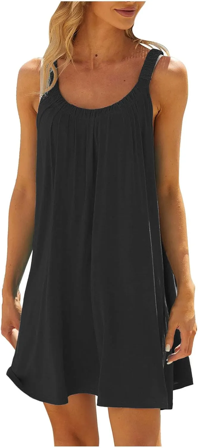 Summer Dresses for Women Casual Sleeveless Fashion Solid Color Dress Loose Round Neck Pleated Vacation Sundress