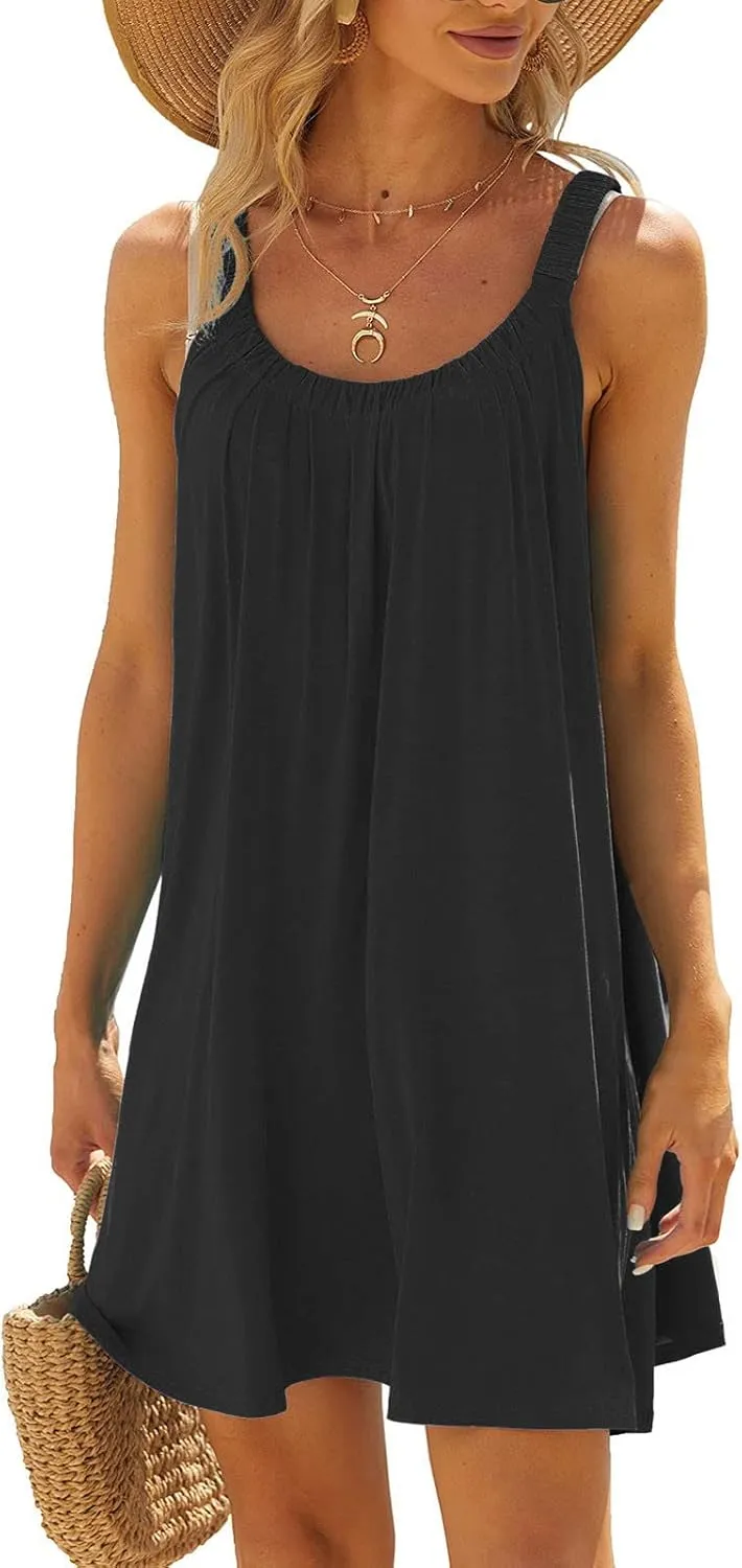 Summer Dresses for Women Casual Sleeveless Fashion Solid Color Dress Loose Round Neck Pleated Vacation Sundress