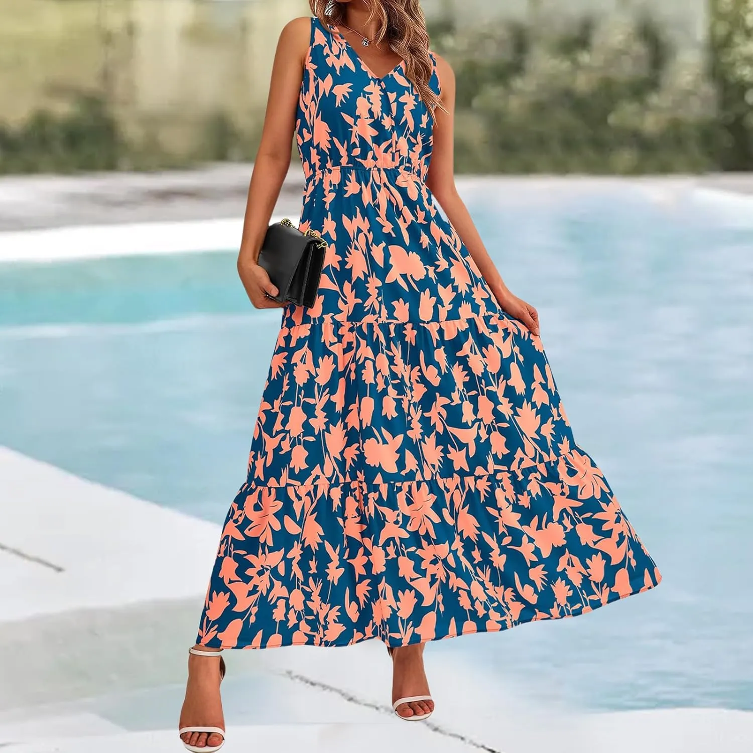 Summer Dresses for Women Sexy Sleeveless Long Maxi Dress Casual Bohemian Floral Dresses Beach Party Wedding Guest Dress