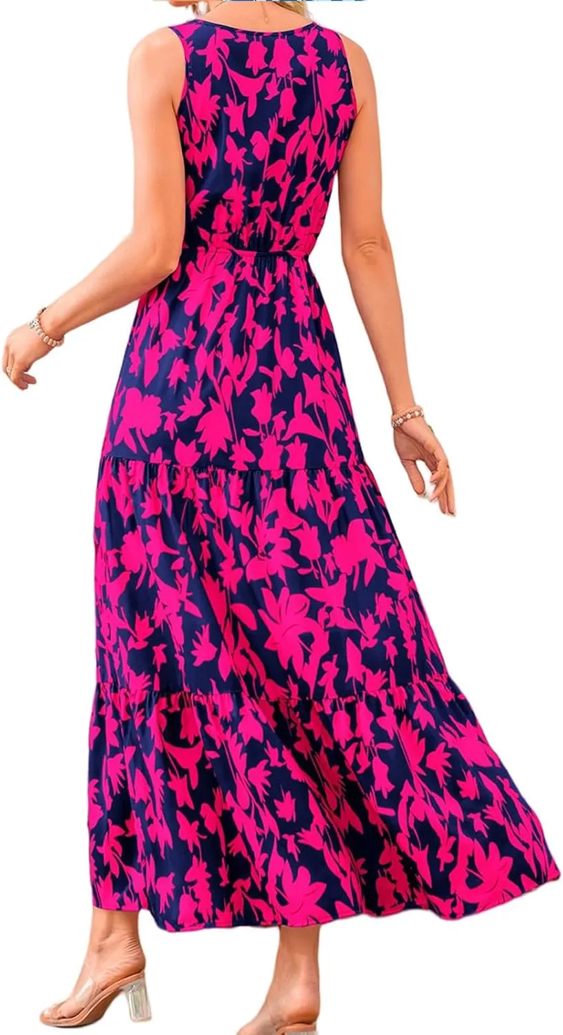 Summer Dresses for Women Sexy Sleeveless Long Maxi Dress Casual Bohemian Floral Dresses Beach Party Wedding Guest Dress