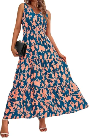 Summer Dresses for Women Sexy Sleeveless Long Maxi Dress Casual Bohemian Floral Dresses Beach Party Wedding Guest Dress
