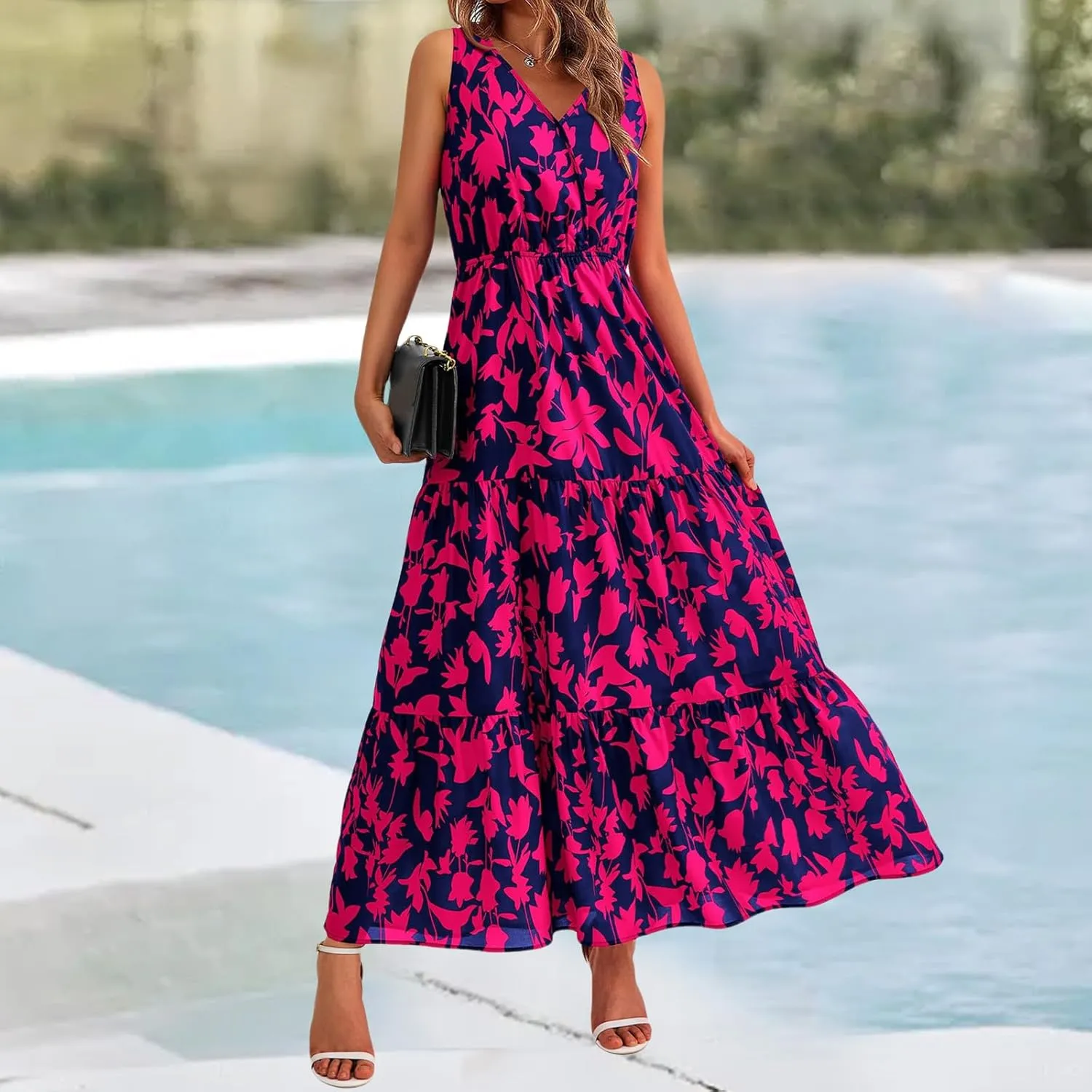 Summer Dresses for Women Sexy Sleeveless Long Maxi Dress Casual Bohemian Floral Dresses Beach Party Wedding Guest Dress