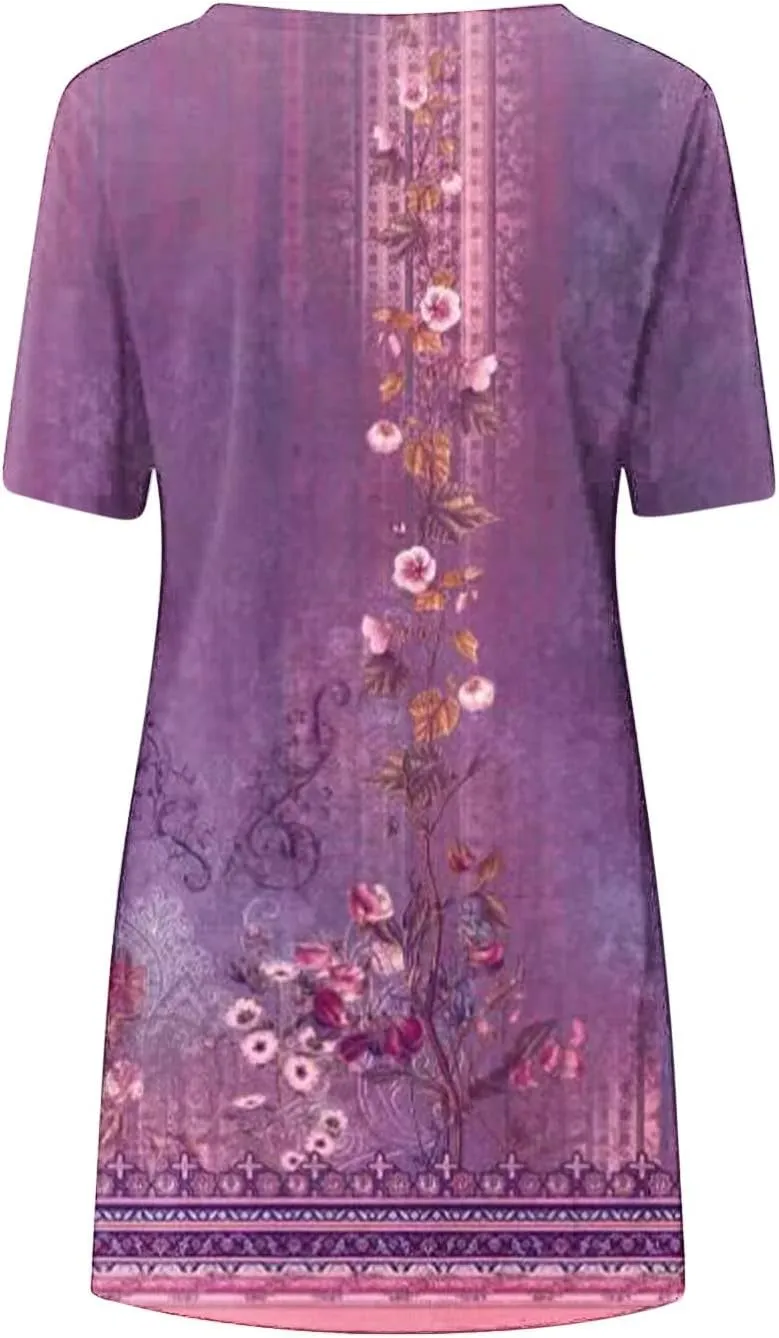 Summer Dresses for Women Vacation 2024 Casual Sloral Short Sleeve Sundresses Casual V Neck Boho Swing Dress