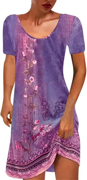 Summer Dresses for Women Vacation 2024 Casual Sloral Short Sleeve Sundresses Casual V Neck Boho Swing Dress