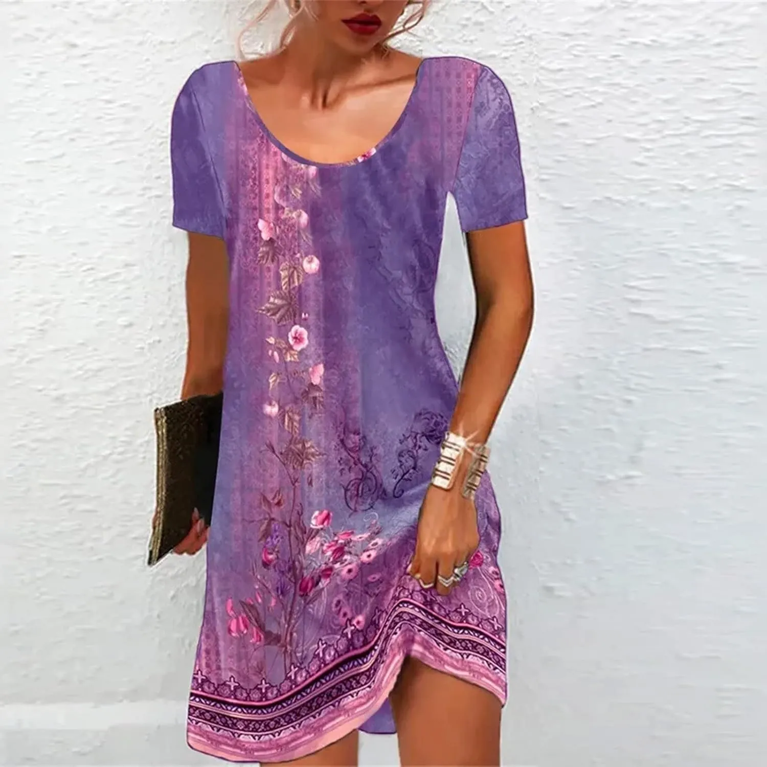 Summer Dresses for Women Vacation 2024 Casual Sloral Short Sleeve Sundresses Casual V Neck Boho Swing Dress