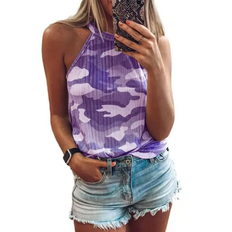 Summer Europe Women Camo Prints Printed Sleeveless Halter Tank Top