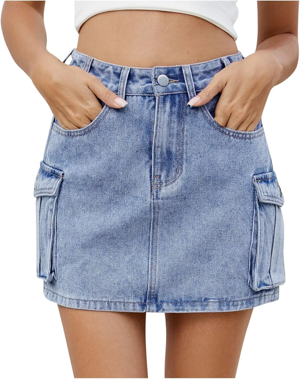Summer High Stretchy Mini Denim Skirt for Women, Fashion Mid Waist Casual Cargo Skirt Button Bodycon Y2K Pockets Clothes