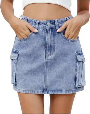 Summer High Stretchy Mini Denim Skirt for Women, Fashion Mid Waist Casual Cargo Skirt Button Bodycon Y2K Pockets Clothes