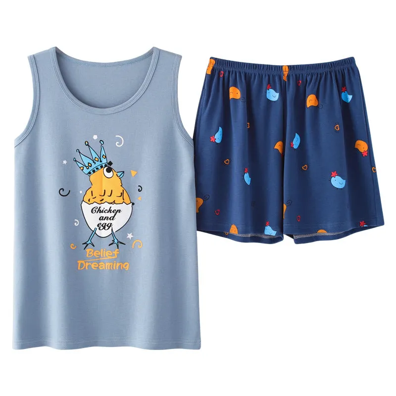 Summer Knitted Cotton Women Tank Top Shorts Pajamas Sets Adorable Home Loungewear Sleepwear