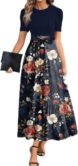 Summer Long Dresses for Women 2025 Floral Print Wrap Short Sleeve Maxi Dress Patchwork Ruffle Hem A Line Flowy Dress