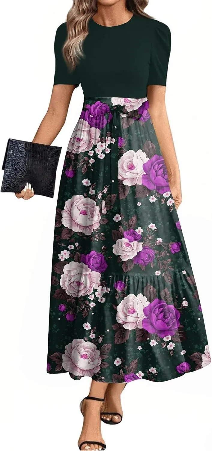 Summer Long Dresses for Women 2025 Floral Print Wrap Short Sleeve Maxi Dress Patchwork Ruffle Hem A Line Flowy Dress