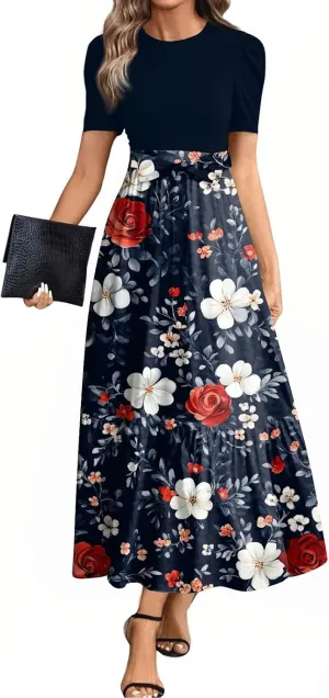 Summer Long Dresses for Women 2025 Floral Print Wrap Short Sleeve Maxi Dress Patchwork Ruffle Hem A Line Flowy Dress