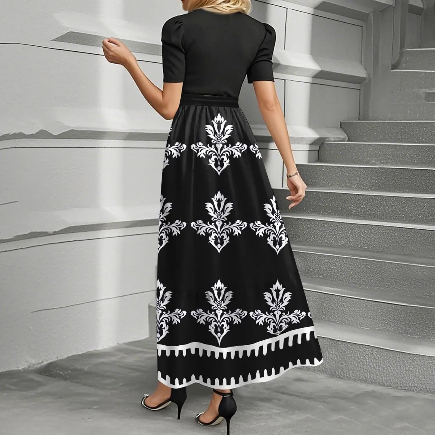 Summer Long Dresses for Women 2025 Floral Print Wrap Short Sleeve Maxi Dress Patchwork Ruffle Hem A Line Flowy Dress