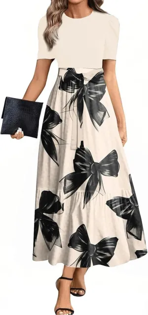 Summer Long Dresses for Women 2025 Floral Print Wrap Short Sleeve Maxi Dress Patchwork Ruffle Hem A Line Flowy Dress