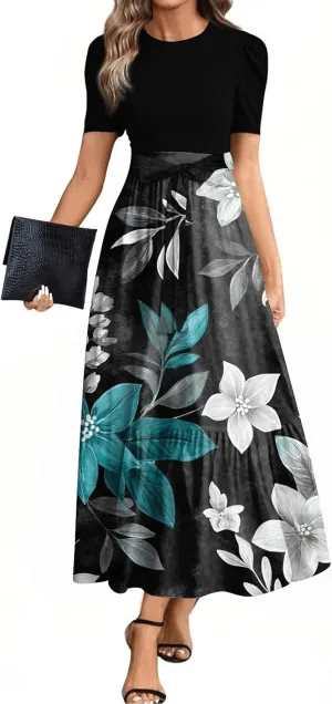 Summer Long Dresses for Women 2025 Floral Print Wrap Short Sleeve Maxi Dress Patchwork Ruffle Hem A Line Flowy Dress