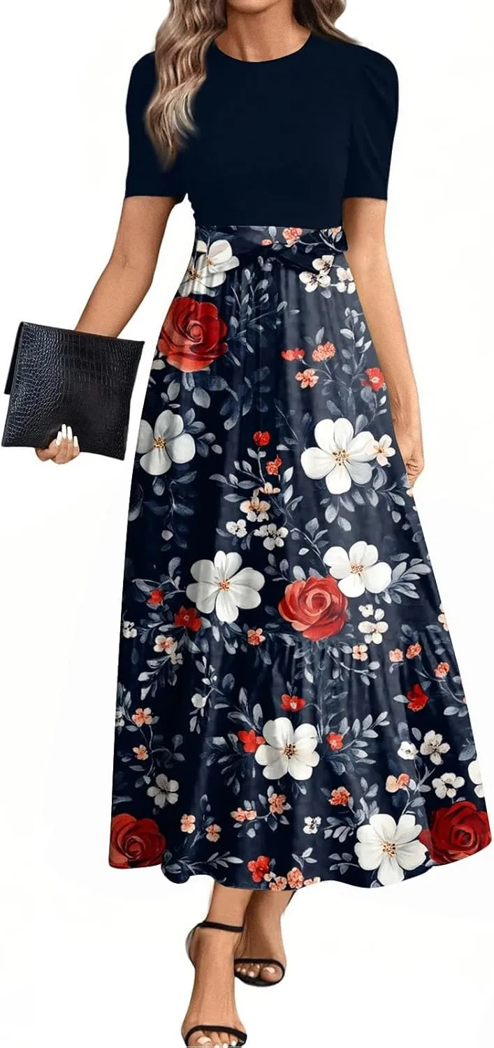 Summer Long Dresses for Women 2025 Floral Print Wrap Short Sleeve Maxi Dress Patchwork Ruffle Hem A Line Flowy Dress