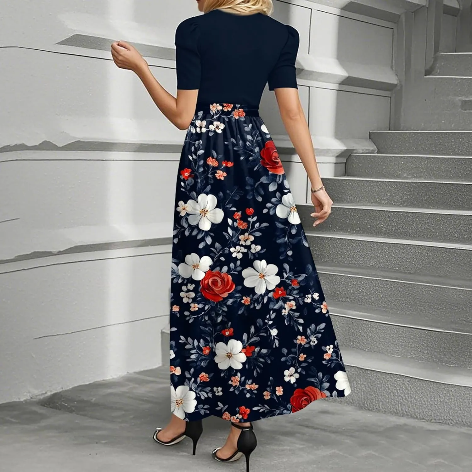 Summer Long Dresses for Women 2025 Floral Print Wrap Short Sleeve Maxi Dress Patchwork Ruffle Hem A Line Flowy Dress