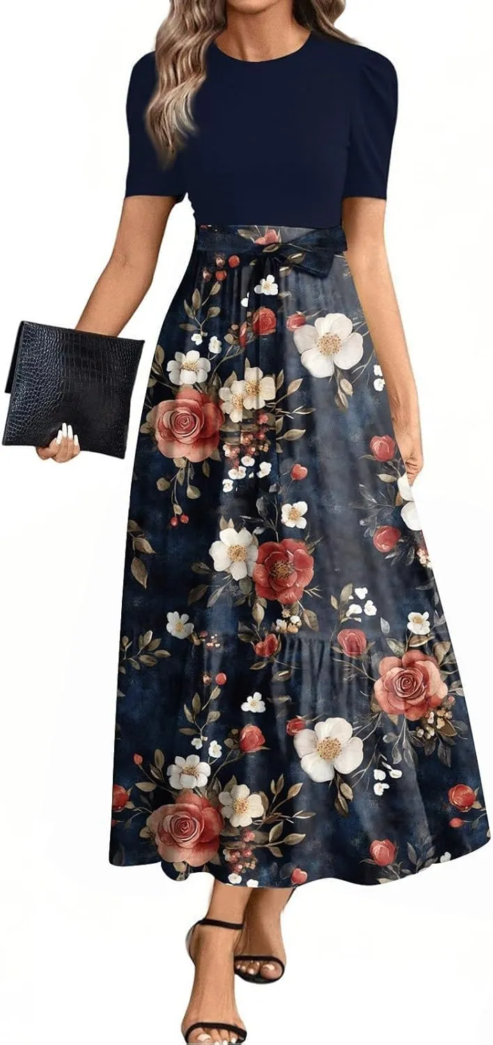 Summer Long Dresses for Women 2025 Floral Print Wrap Short Sleeve Maxi Dress Patchwork Ruffle Hem A Line Flowy Dress
