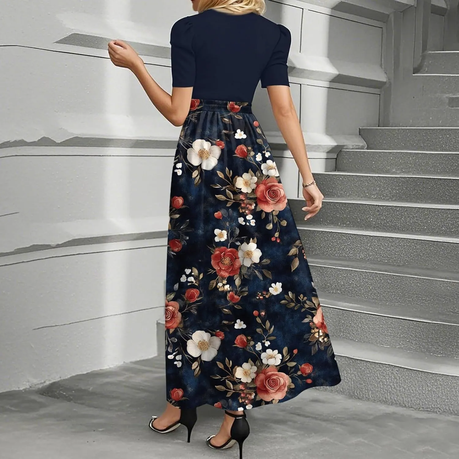 Summer Long Dresses for Women 2025 Floral Print Wrap Short Sleeve Maxi Dress Patchwork Ruffle Hem A Line Flowy Dress