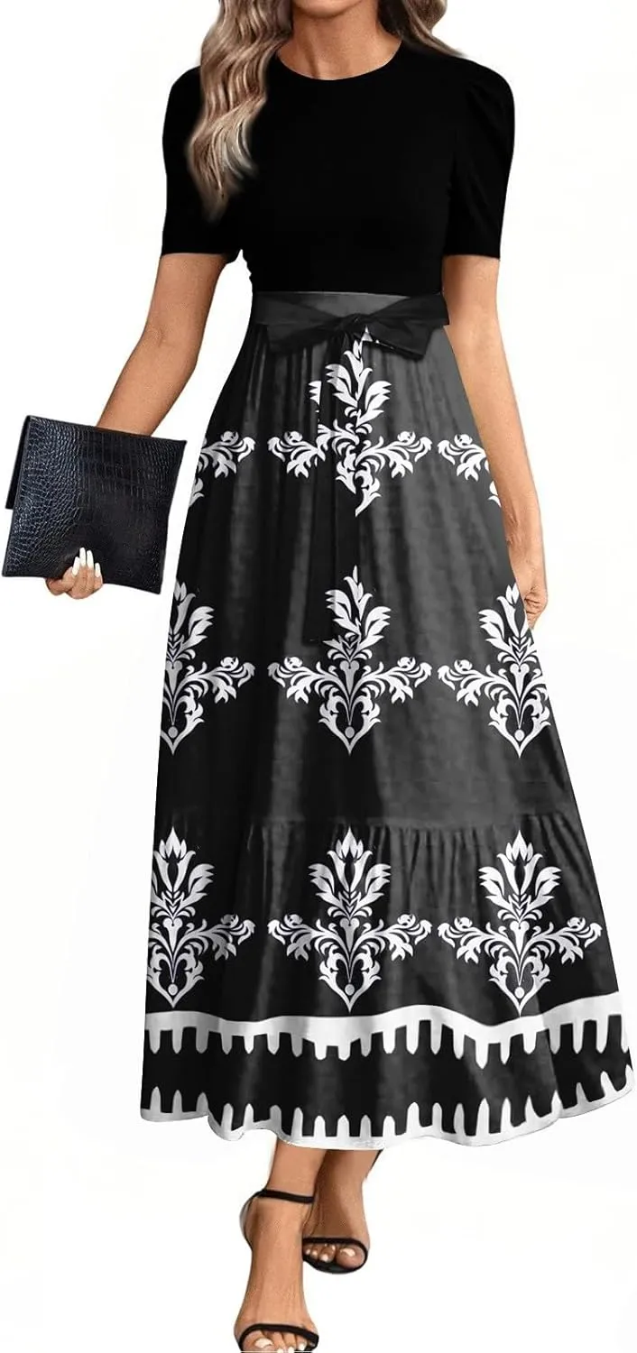 Summer Long Dresses for Women 2025 Floral Print Wrap Short Sleeve Maxi Dress Patchwork Ruffle Hem A Line Flowy Dress
