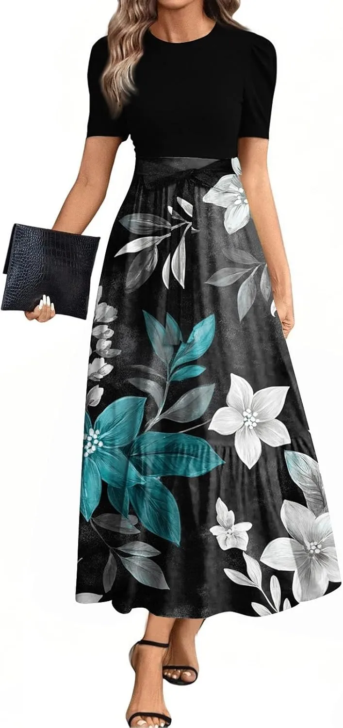 Summer Long Dresses for Women 2025 Floral Print Wrap Short Sleeve Maxi Dress Patchwork Ruffle Hem A Line Flowy Dress