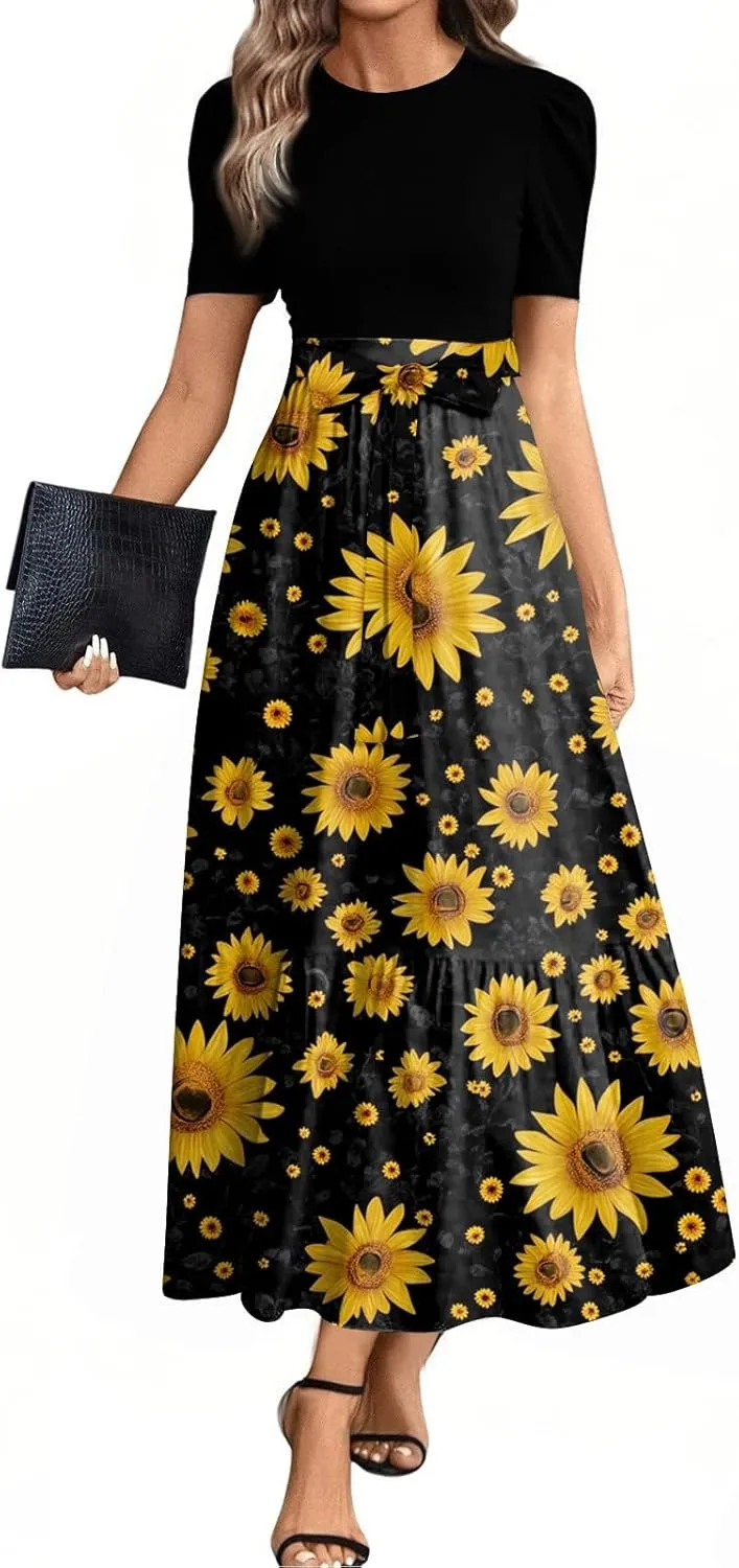 Summer Long Dresses for Women 2025 Floral Print Wrap Short Sleeve Maxi Dress Patchwork Ruffle Hem A Line Flowy Dress