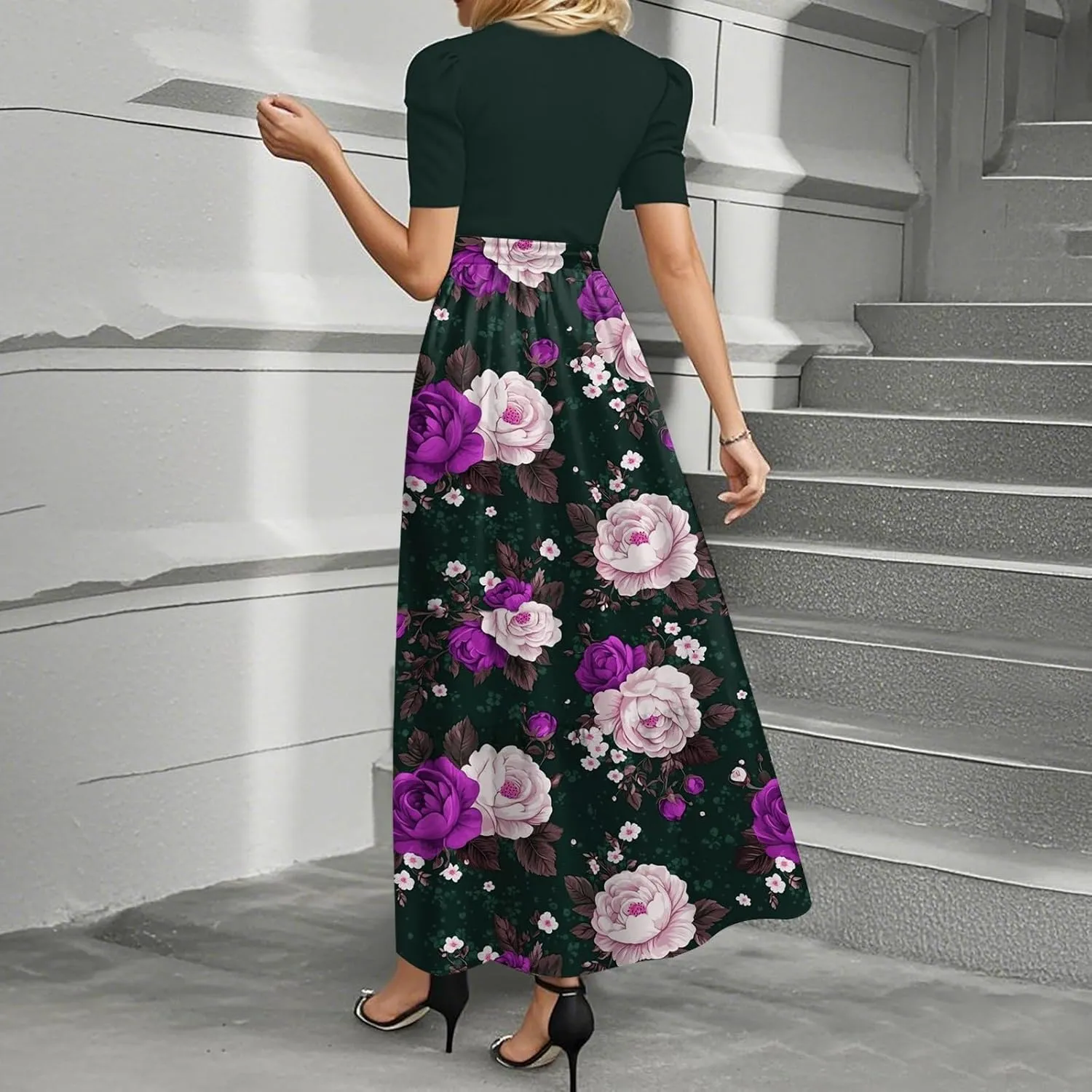 Summer Long Dresses for Women 2025 Floral Print Wrap Short Sleeve Maxi Dress Patchwork Ruffle Hem A Line Flowy Dress