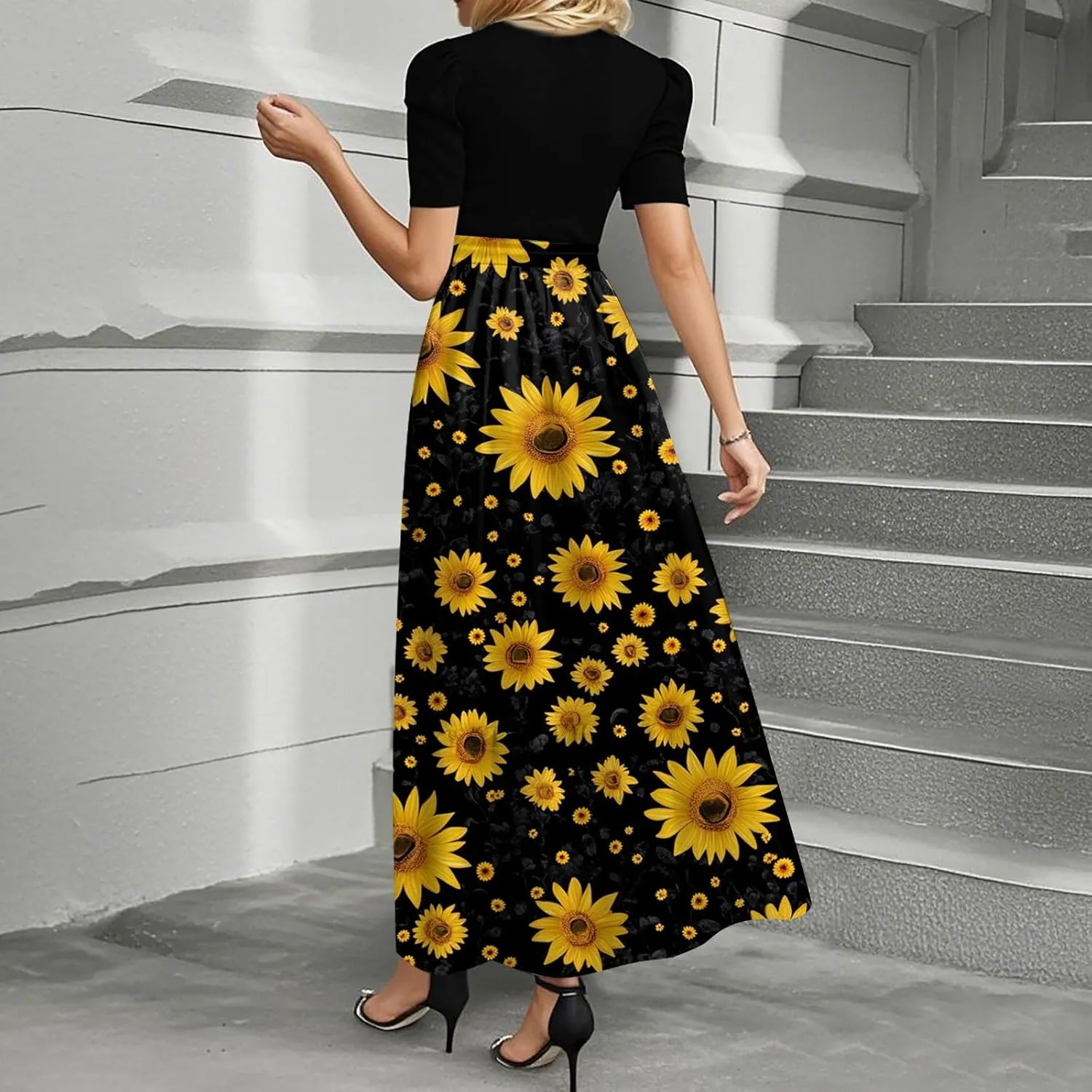 Summer Long Dresses for Women 2025 Floral Print Wrap Short Sleeve Maxi Dress Patchwork Ruffle Hem A Line Flowy Dress