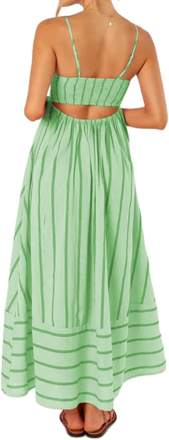 Summer Maxi Dress for Women Casual Sleeveless Spaghetti Strap Square Neck Dresses Flowy Striped Backless Sundress