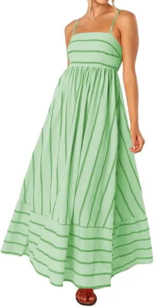 Summer Maxi Dress for Women Casual Sleeveless Spaghetti Strap Square Neck Dresses Flowy Striped Backless Sundress