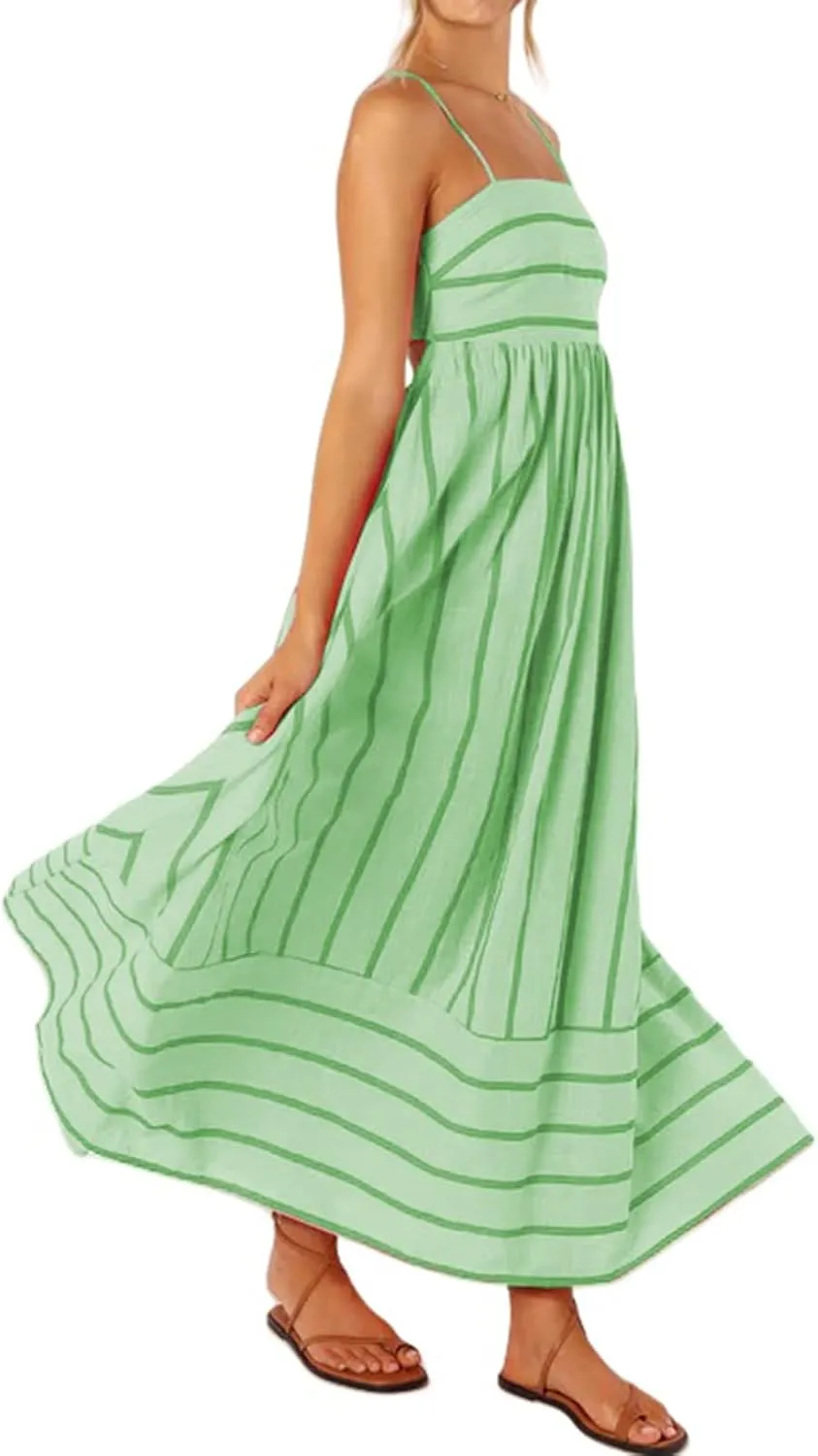 Summer Maxi Dress for Women Casual Sleeveless Spaghetti Strap Square Neck Dresses Flowy Striped Backless Sundress