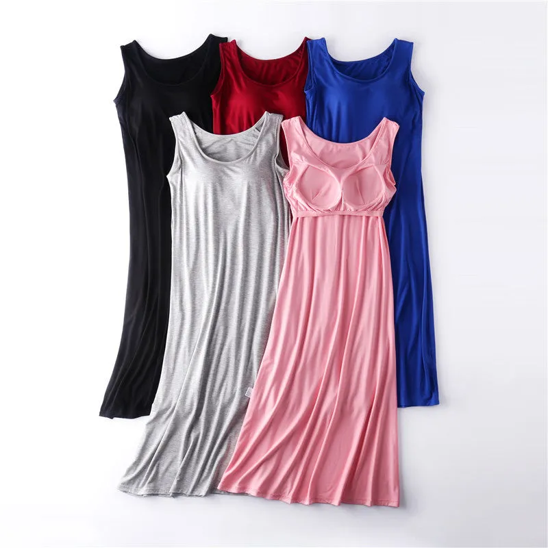 Summer Modal Padded Tank Top Pyjamas Women Thin Plus Size One Piece Outdoor Long Pajamas Sleepwear