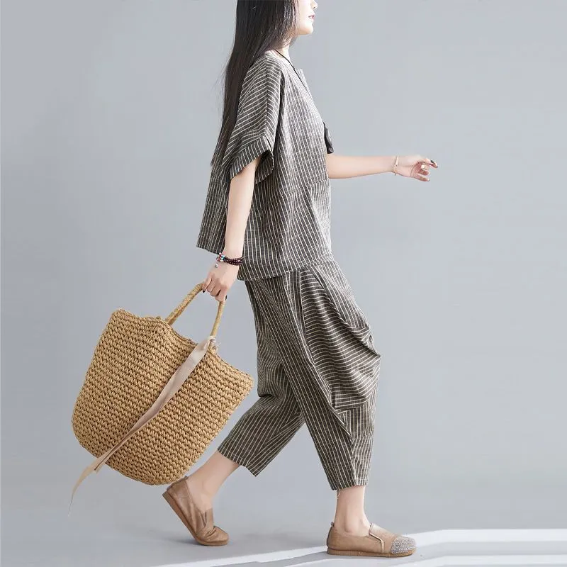 Summer New Women's Suits RETRO Art Stripe Short Sleeve T-shirt Loose Top Women's Knickerbockers Casual Pants Two Piece Sets