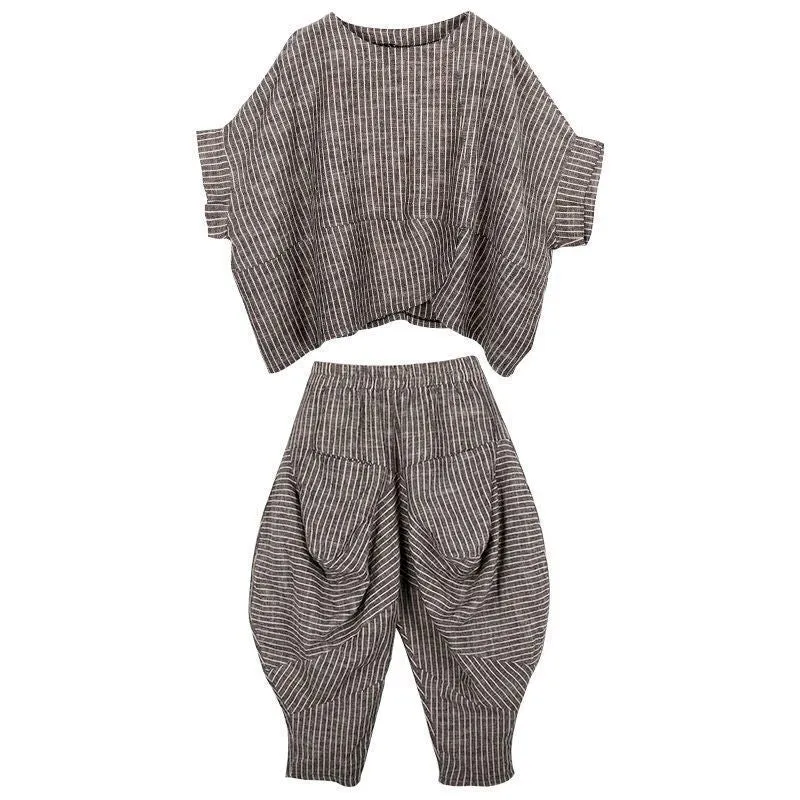 Summer New Women's Suits RETRO Art Stripe Short Sleeve T-shirt Loose Top Women's Knickerbockers Casual Pants Two Piece Sets
