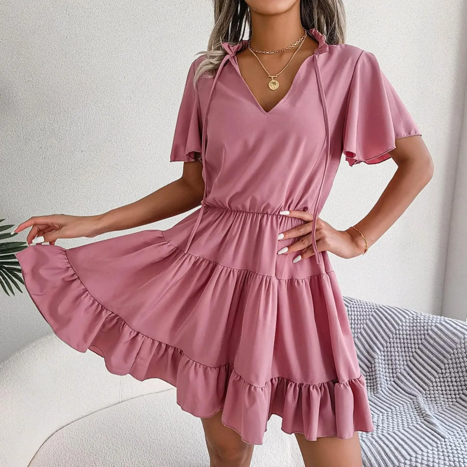 Summer Short Sleeve Dress Women Split V Neck Ruffle Chiffon Tiered Dress Elegant Mini Short Skirt Dresses