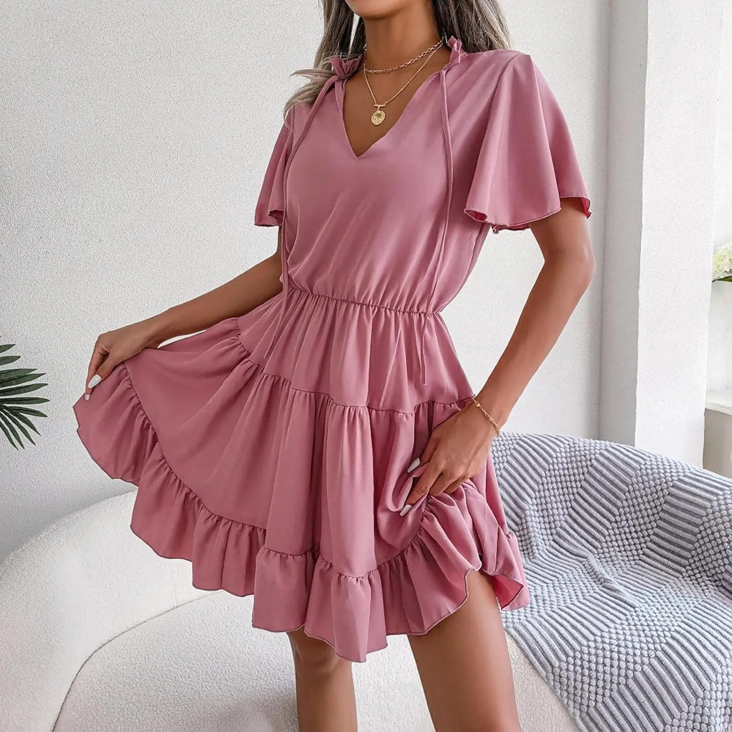 Summer Short Sleeve Dress Women Split V Neck Ruffle Chiffon Tiered Dress Elegant Mini Short Skirt Dresses